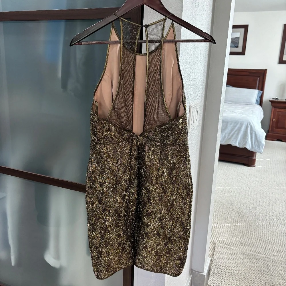 BCBGMaxAzria "Tenya" Sheer Back Mini Dress - Gold & Black Size 6 - Picture 6 of 13